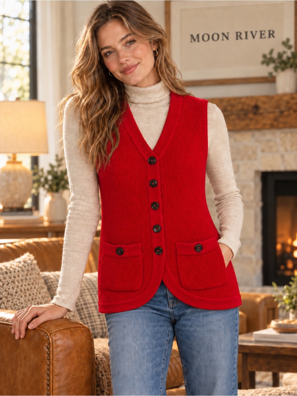 Moon River Red Textured Knit Sweater Vest Button Front Pockets Size S